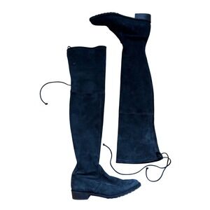 Stuart Weitzman Lowland Black Suede Over The Knee Boots Flat Tie Back 6.5